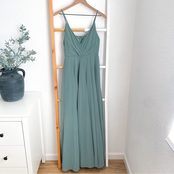 BHLDN Anthropologie Eva Maxi Dress Sage Moss Green Drape V-neck Gown Bridesmaid - Picture 4 of 13